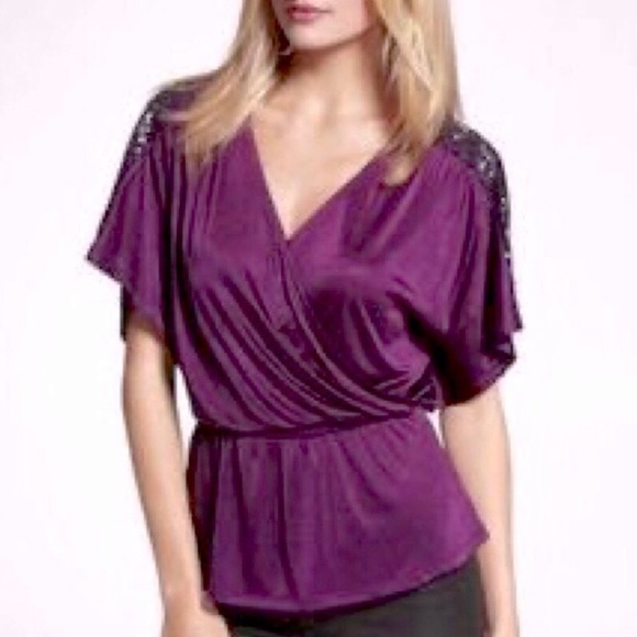 Express purple sequin shoulder surplice peplum top - Picture 8 of 13